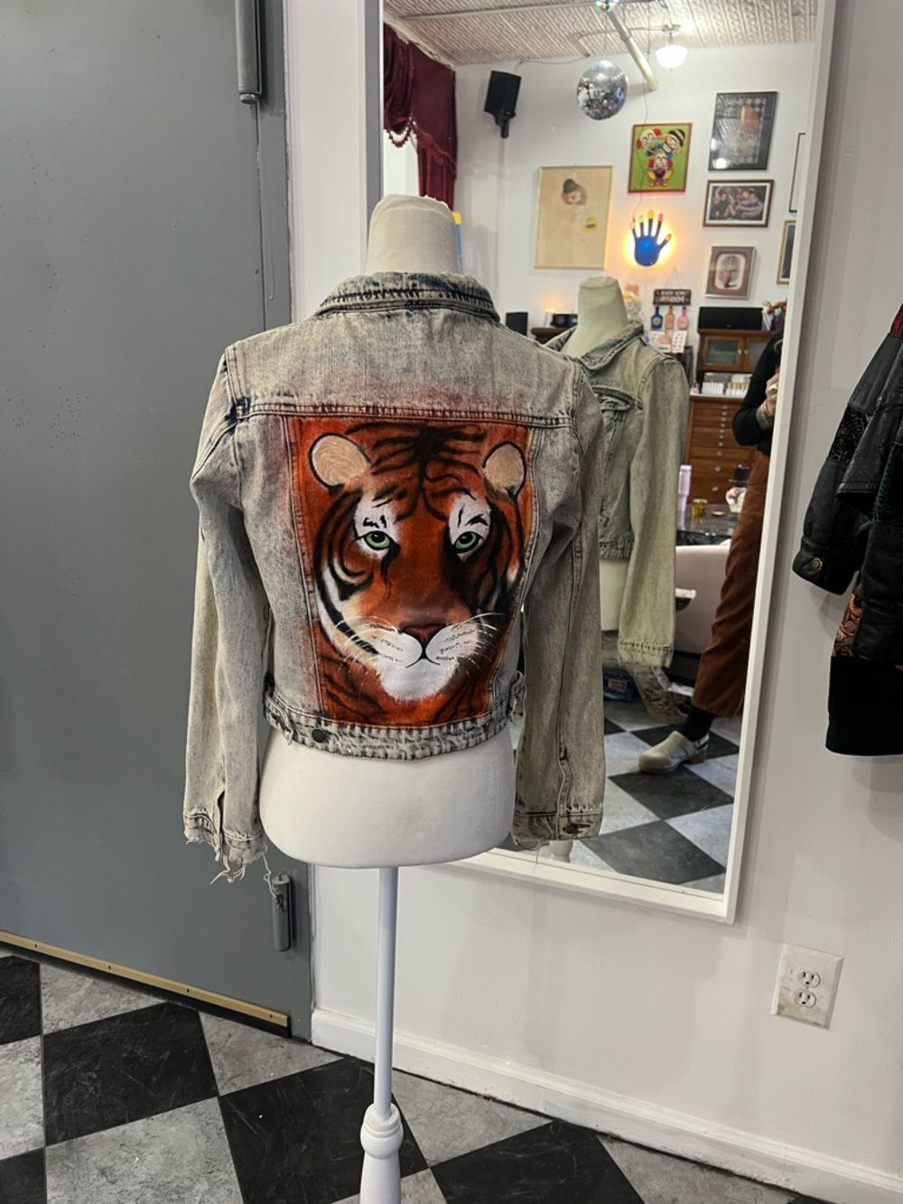 Light Wash Distressed Denim Jacket with Airbrushed Tiger Face